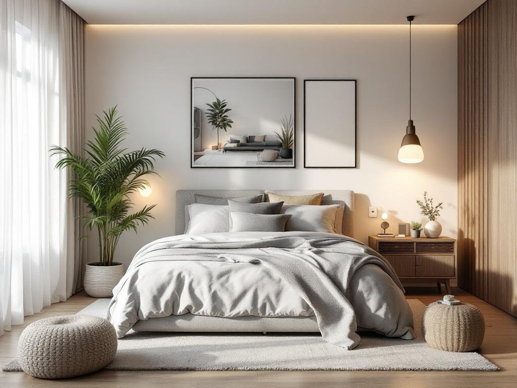 A modern bedroom with layered lighting, featuring a cozy bed, plants, and stylish decor.