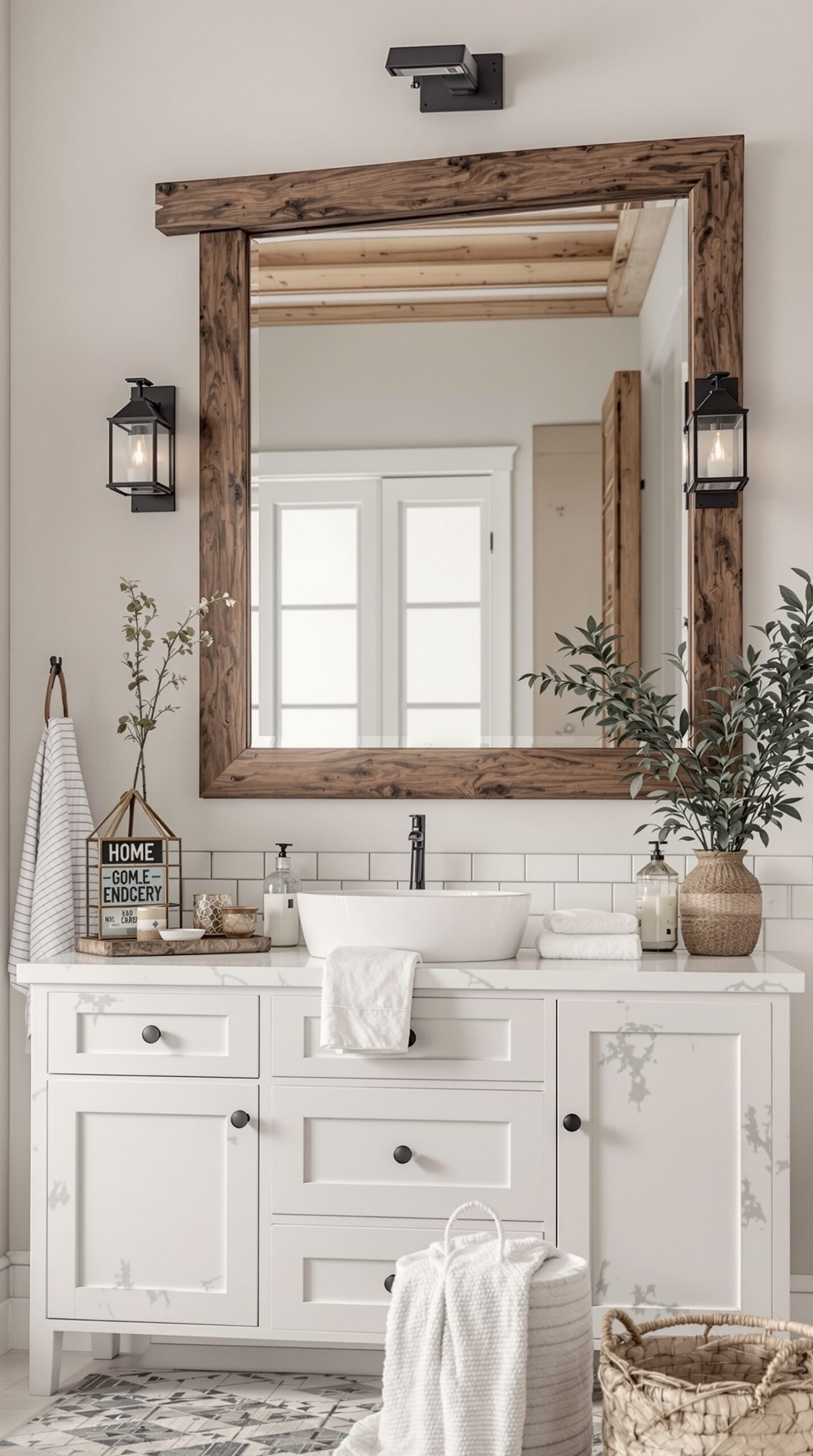 A farmhouse bathroom featuring a large framed mirror above a white vanity, with stylish sconces and decorative elements.