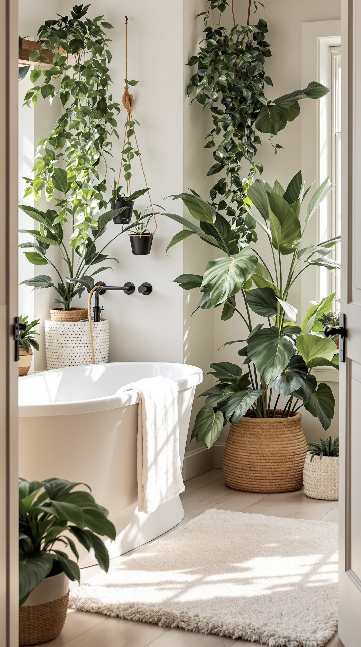 A bright farmhouse bathroom with various indoor plants, including hanging and potted plants, near a bathtub.