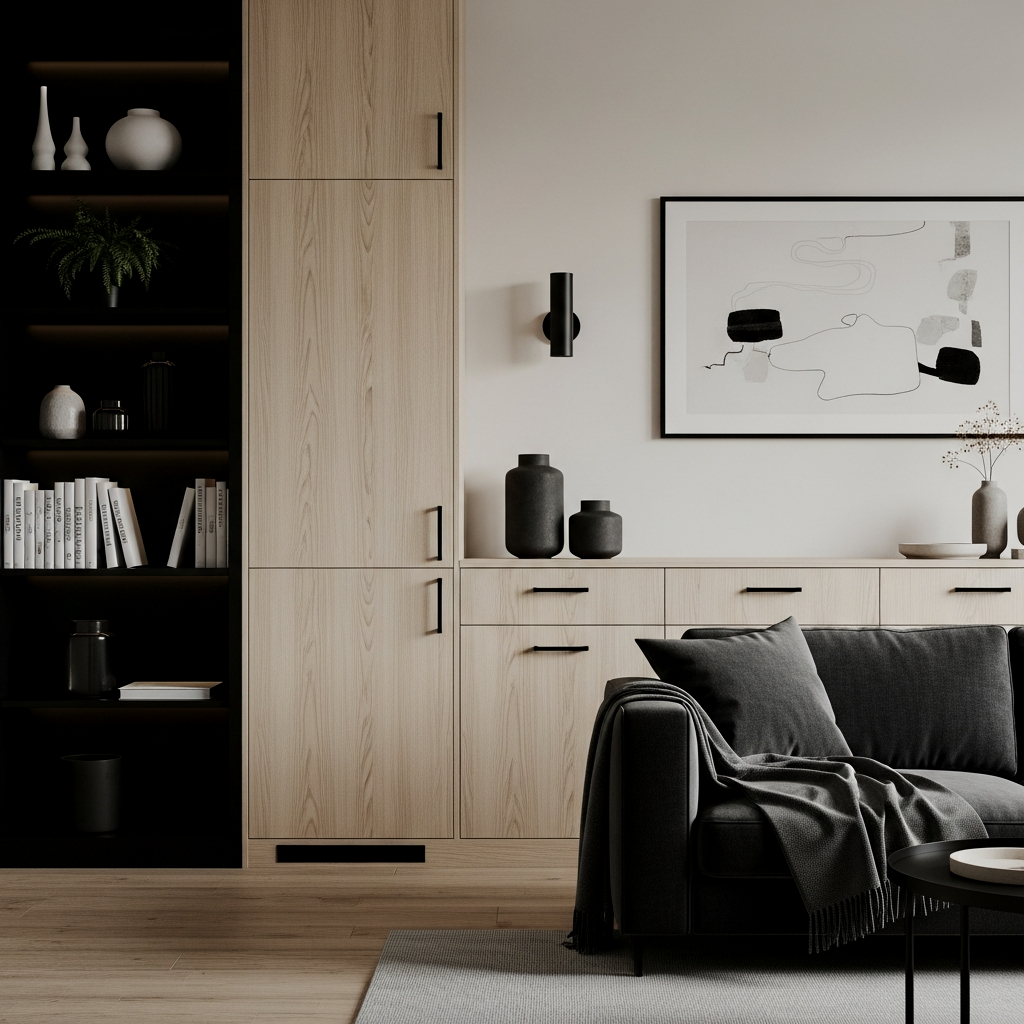 The Contrast Play: Dark Charcoal Accents on Light Oak