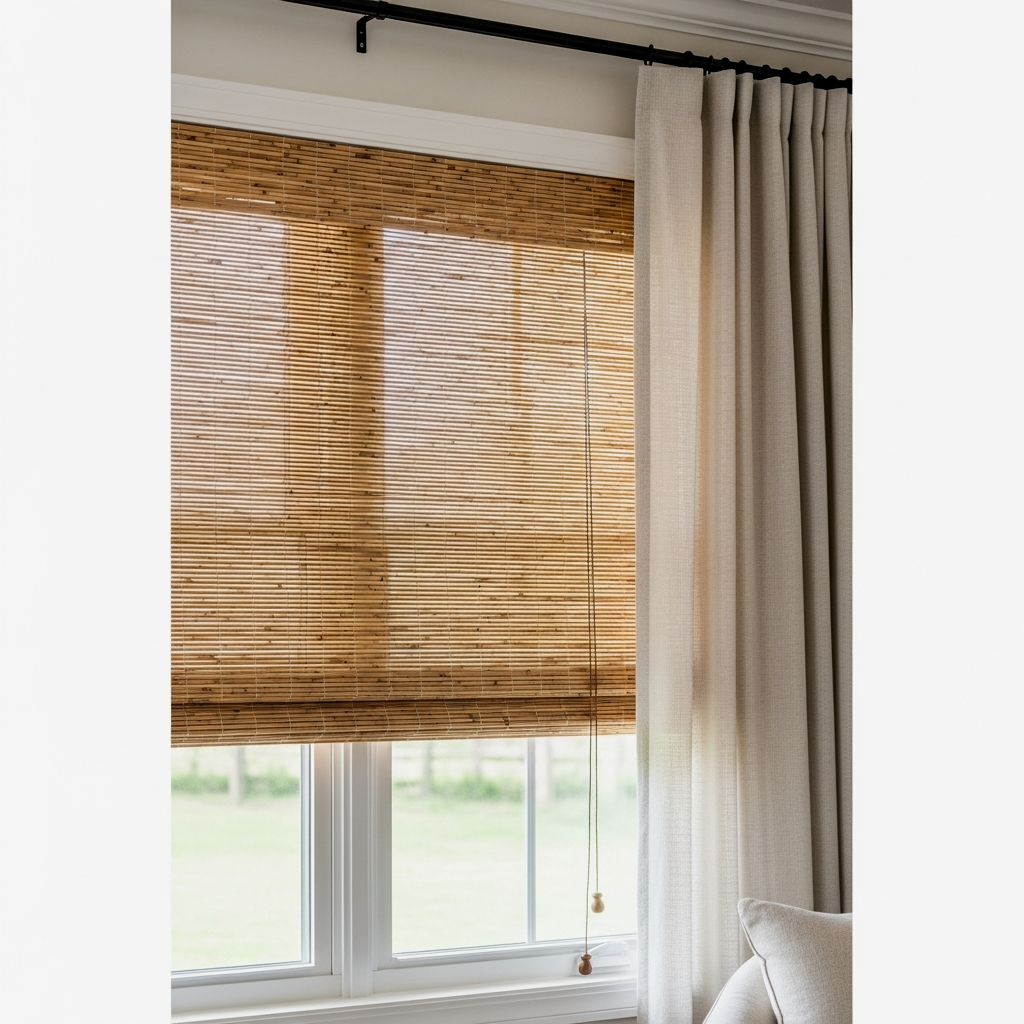 Layered Bamboo Blinds and Drapes