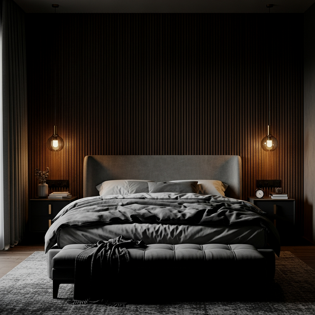 Dark Wood Paneling and Plush Bedding