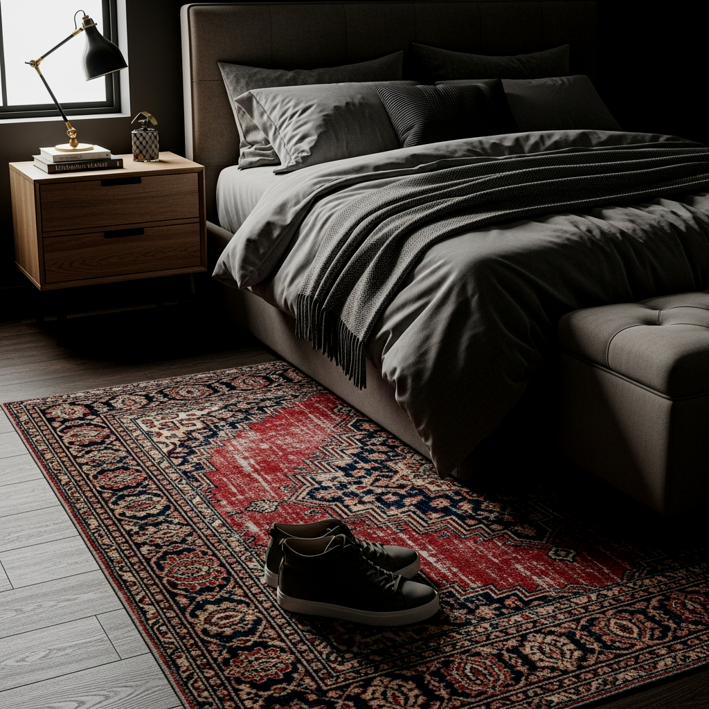 Layered Vintage Rug on Dark Floors
