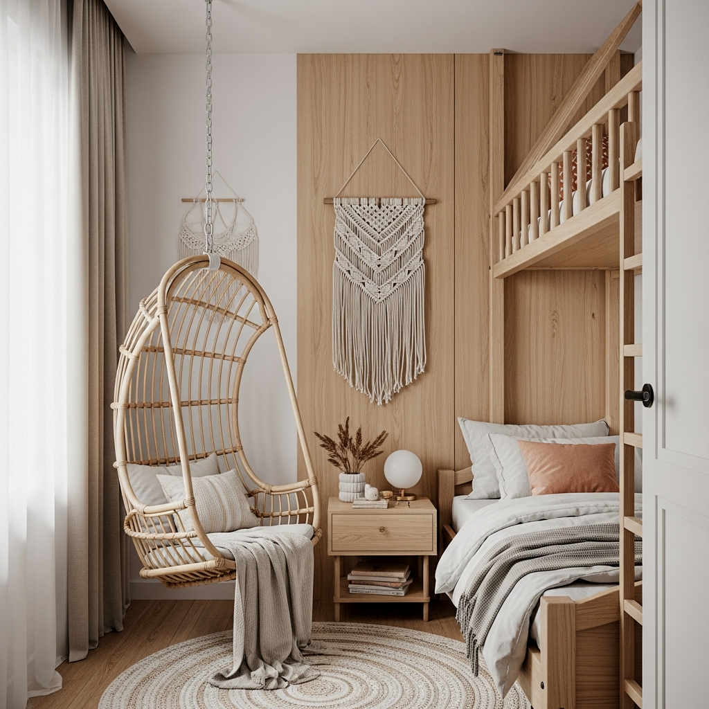 Hanging Rattan Chair with Minimalist Surroundings