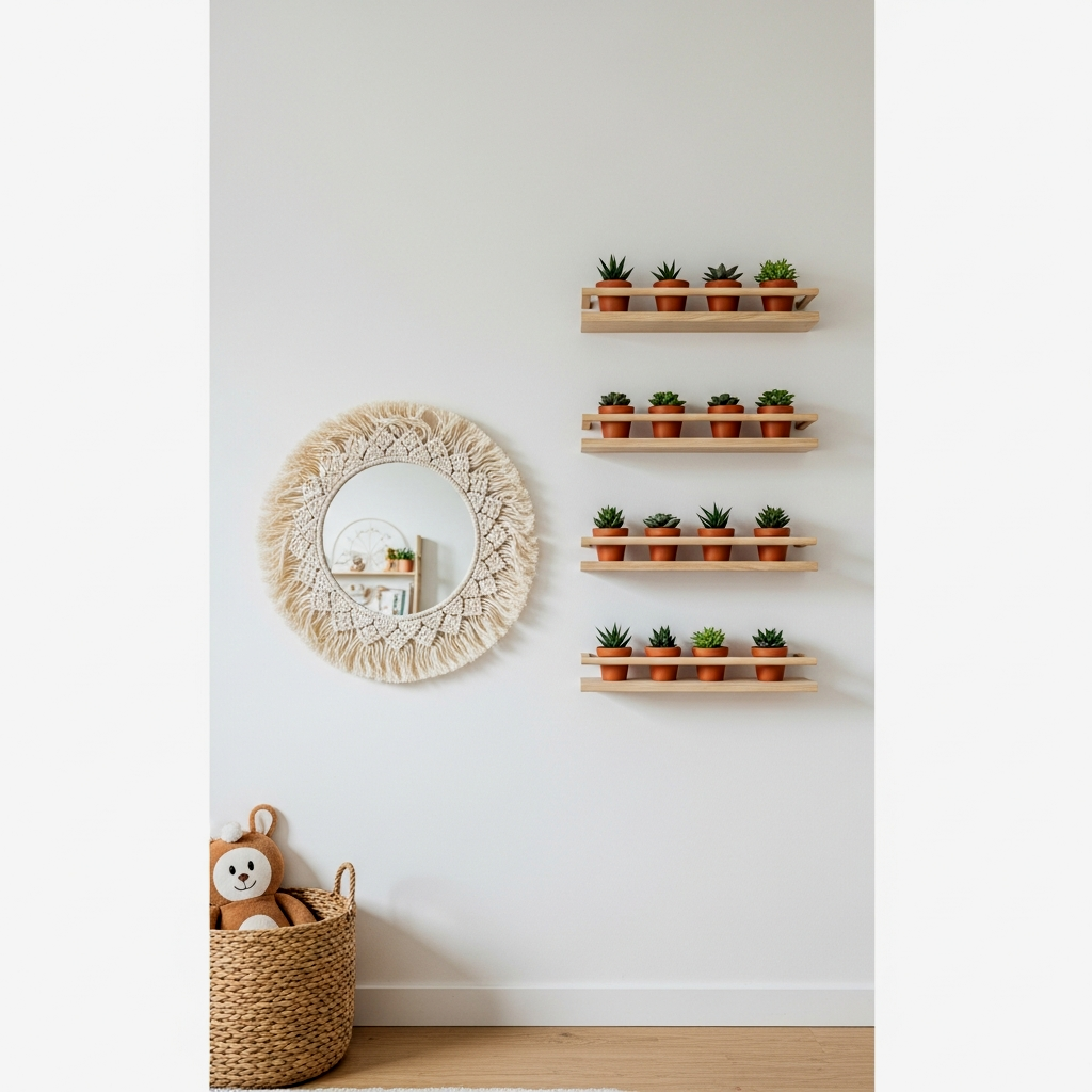 Minimalist Macrame Mirror and Wood Shelving