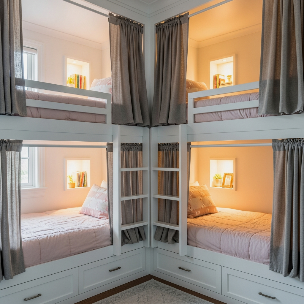 Built-In Bunks with Linen Privacy Curtains