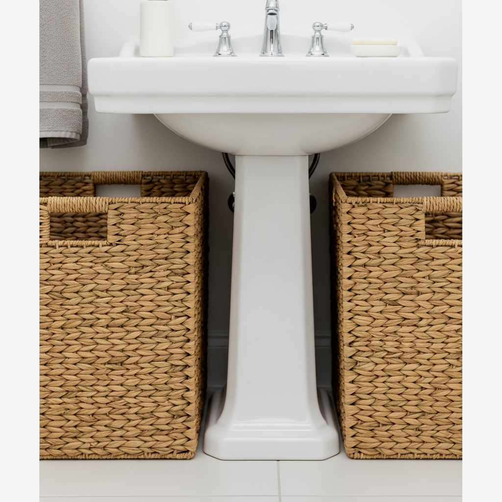 Woven Basket Storage Under Pedestal Sinks