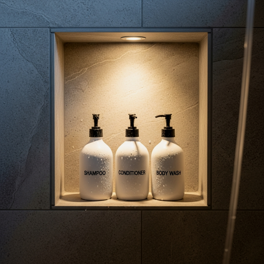 Curated Shower Niche with Decanted Pumps