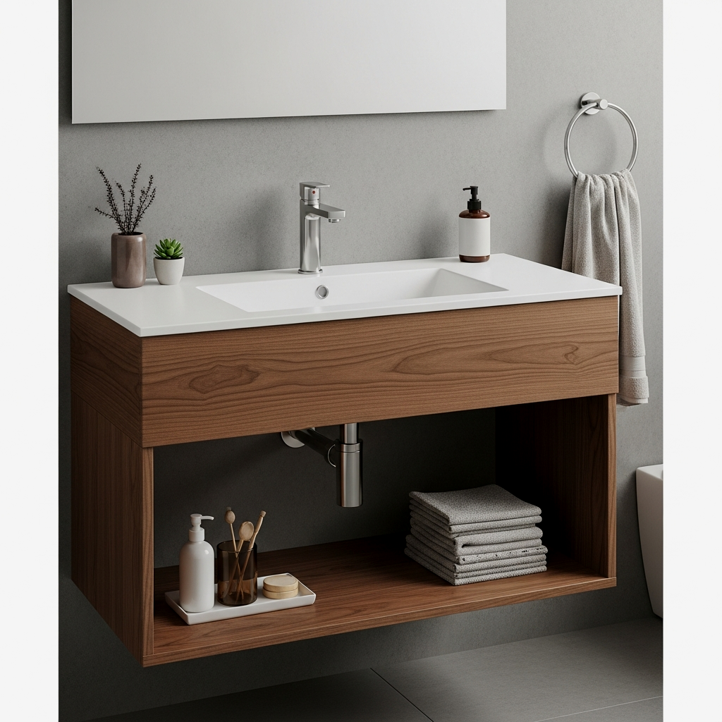 Slim Profile Walnut Console with Marble Basin