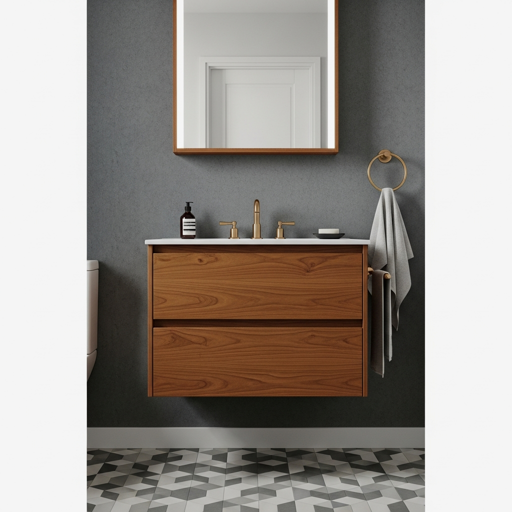 Sleek Floating Teak Vanity with Hidden Storage