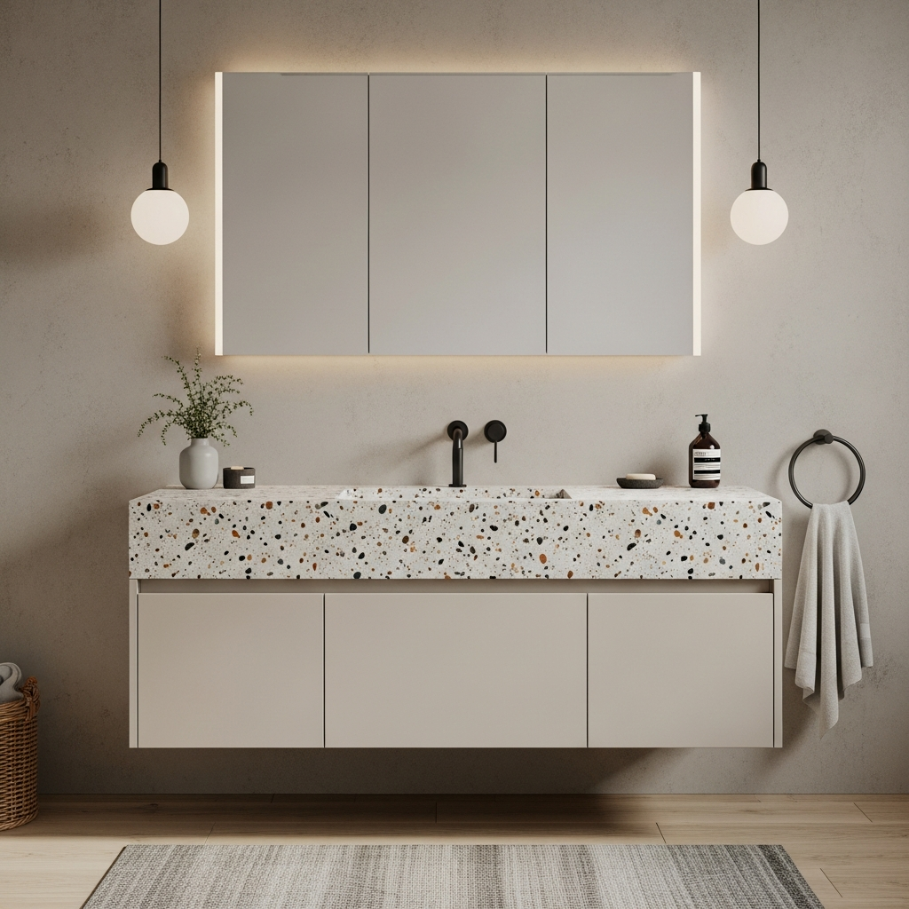 Terrazzo Top Floating Vanity with Minimalist Hardware