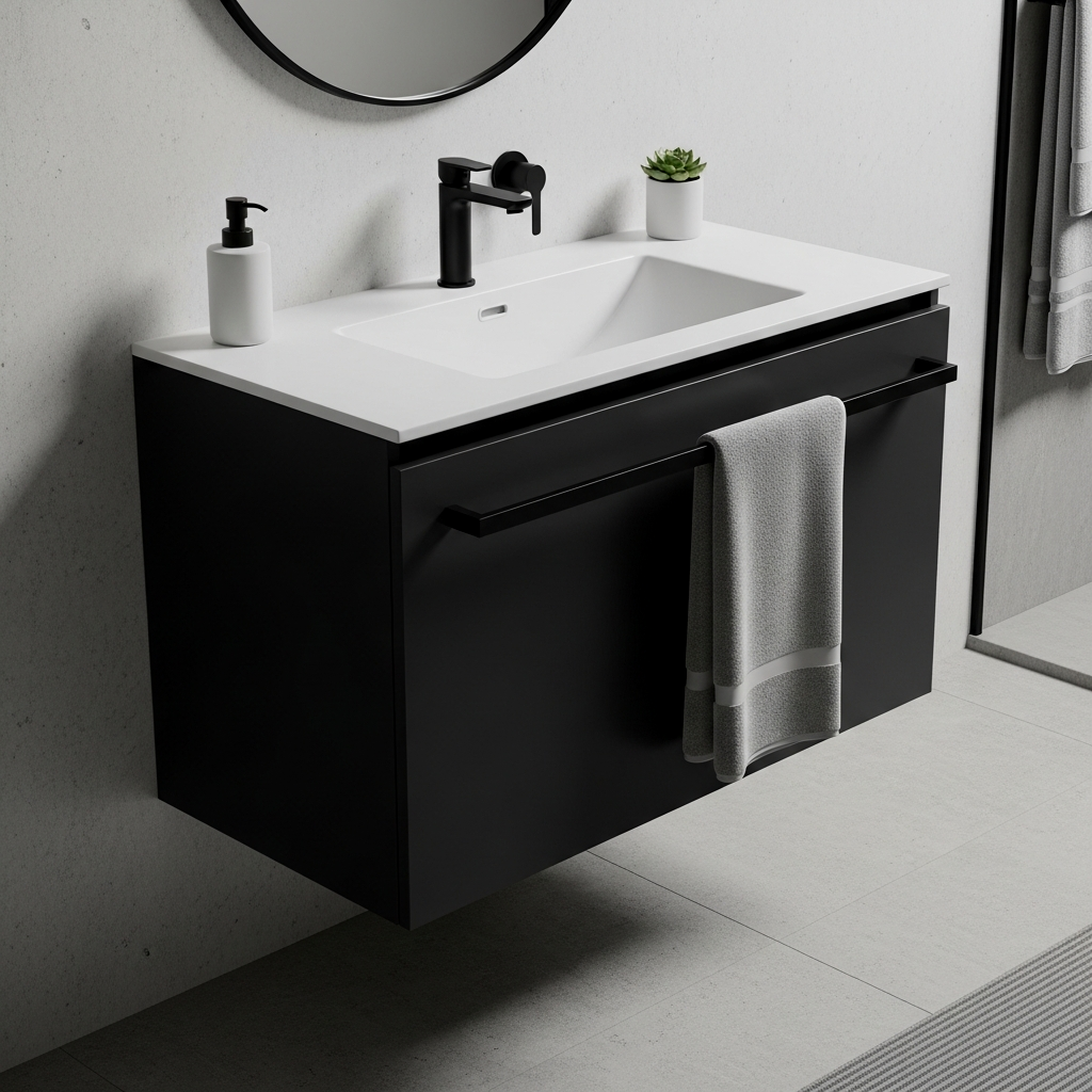 Floating Matte Black Vanity with Integrated Towel Bar