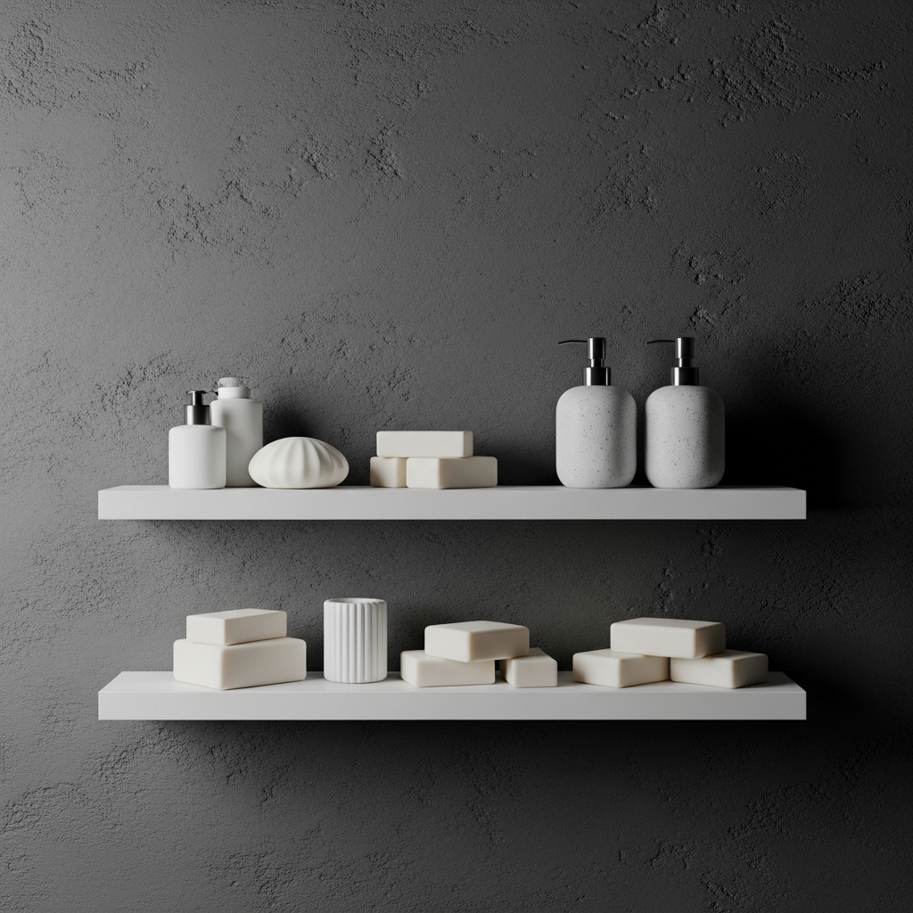 Matte White Floating Shelves on Textured Walls