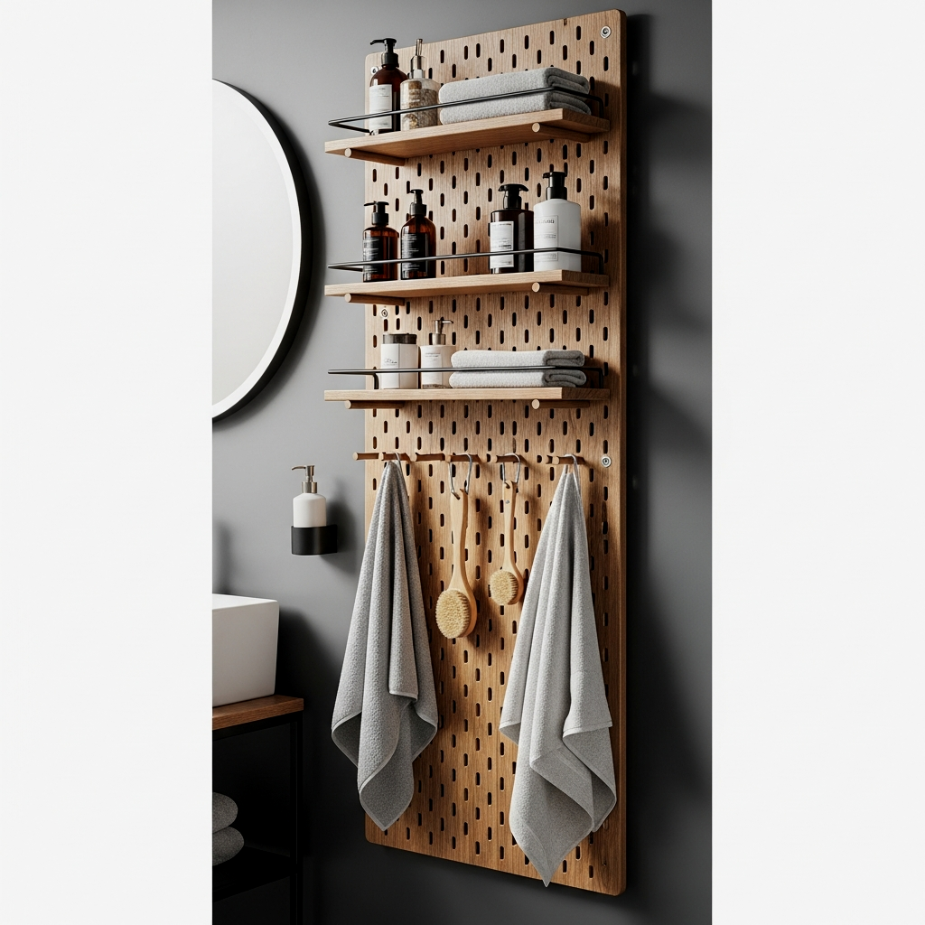 Vertical Pegboard System for Small Bathrooms