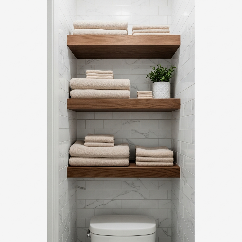 Custom Floating Wood Shelves for Towel Nooks