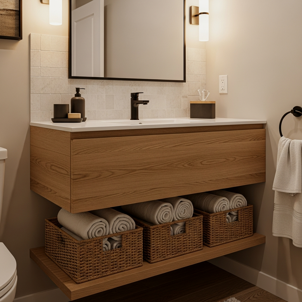 The Secret of Rolled Towel Baskets Under Floating Vanities