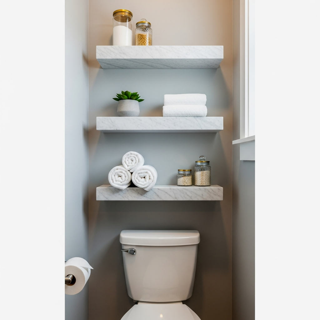 Marble Floating Shelves Above Toilet