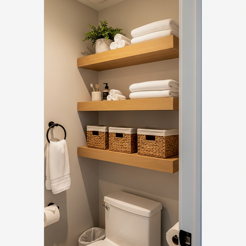 Natural Wood Floating Shelves with Woven Baskets