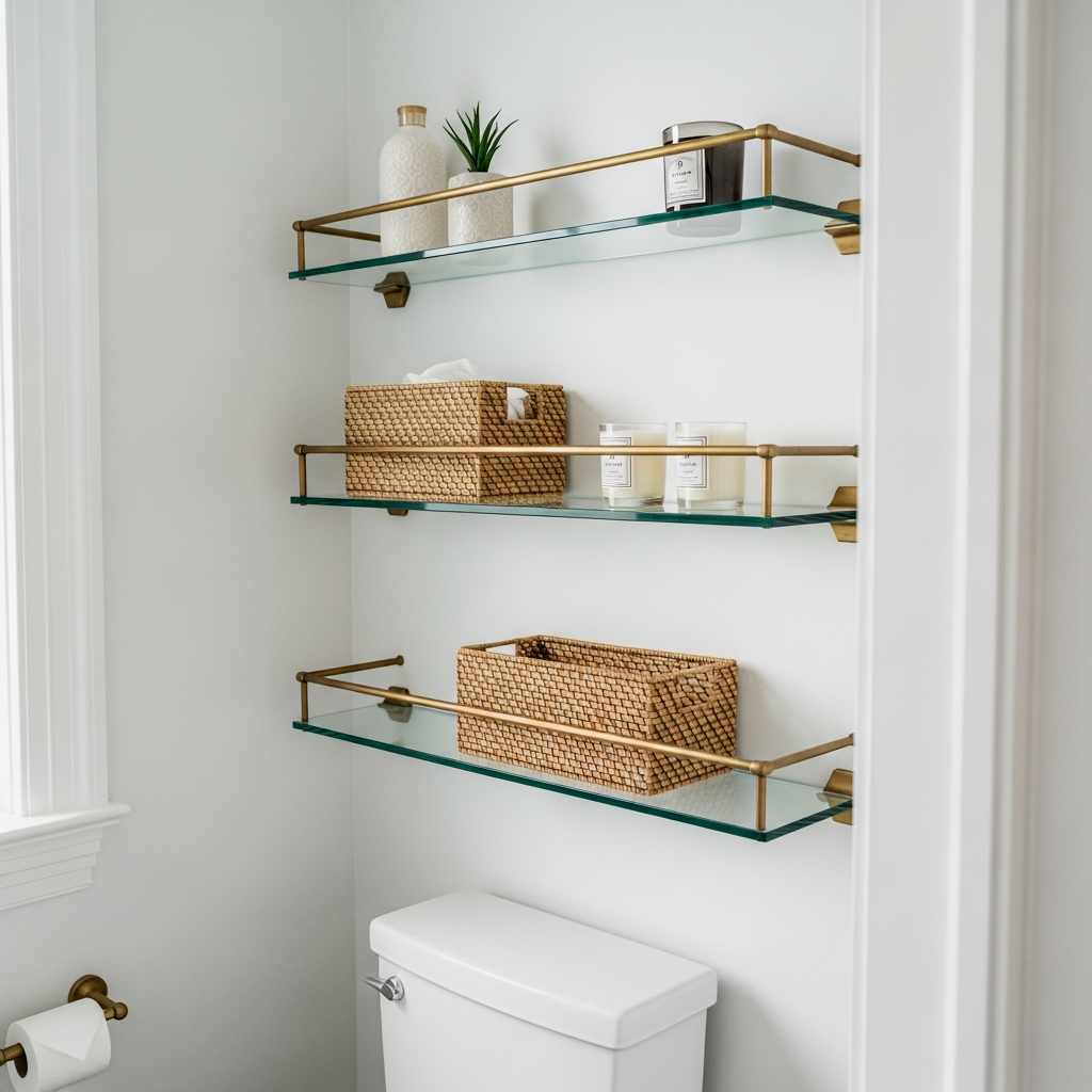 Tiered Brass and Glass Designer Shelving