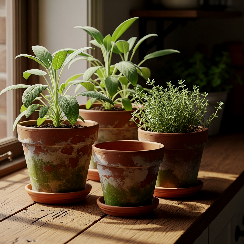 Natural Softness: Potted Herbs in Clay