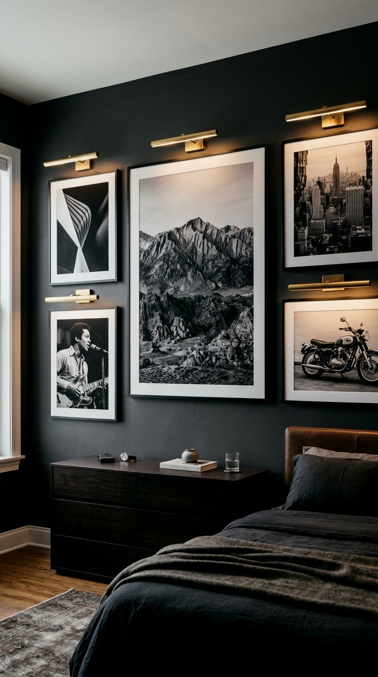 Monochrome Art Gallery Wall with Picture Lights
