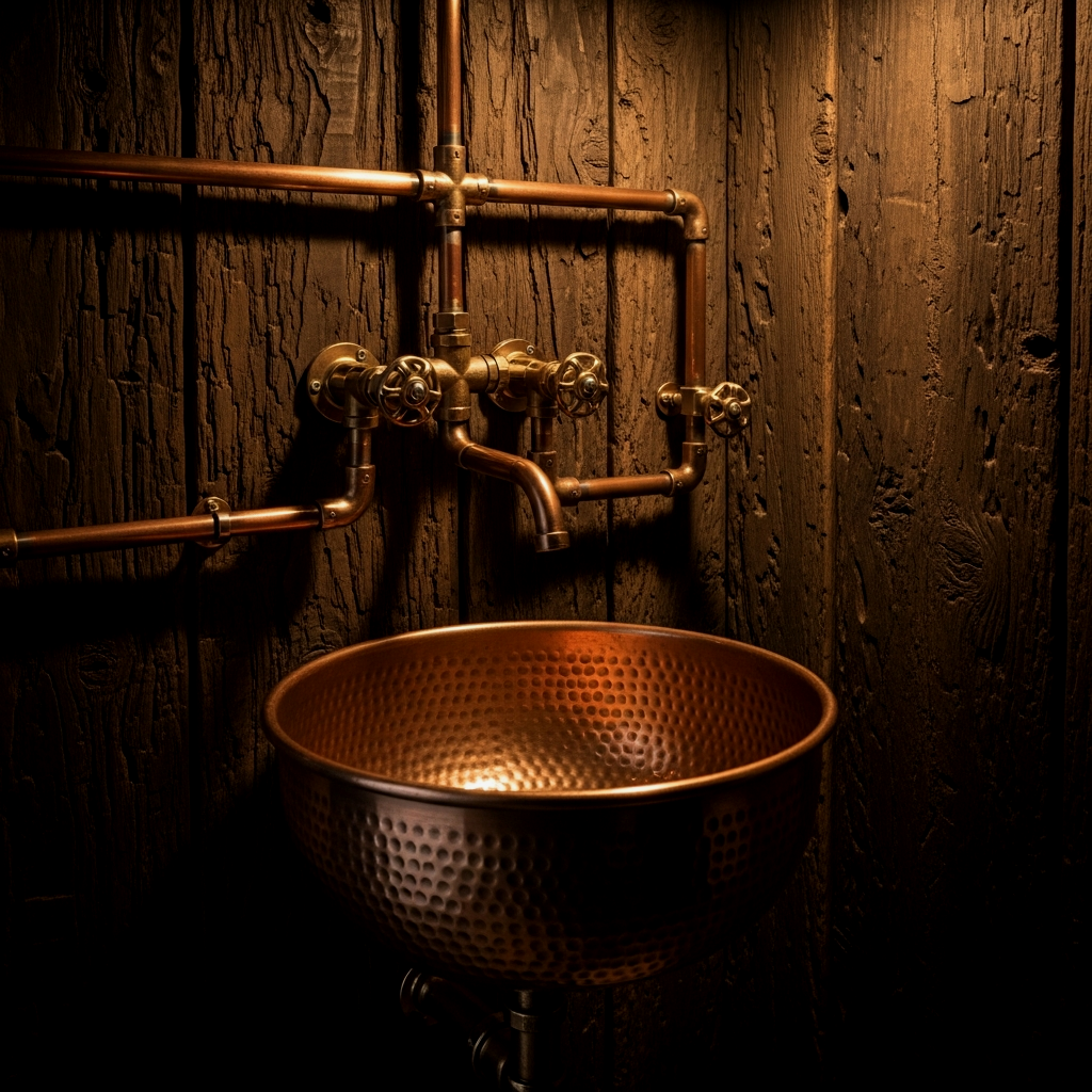 Hammered Copper Basin with Exposed Pipes