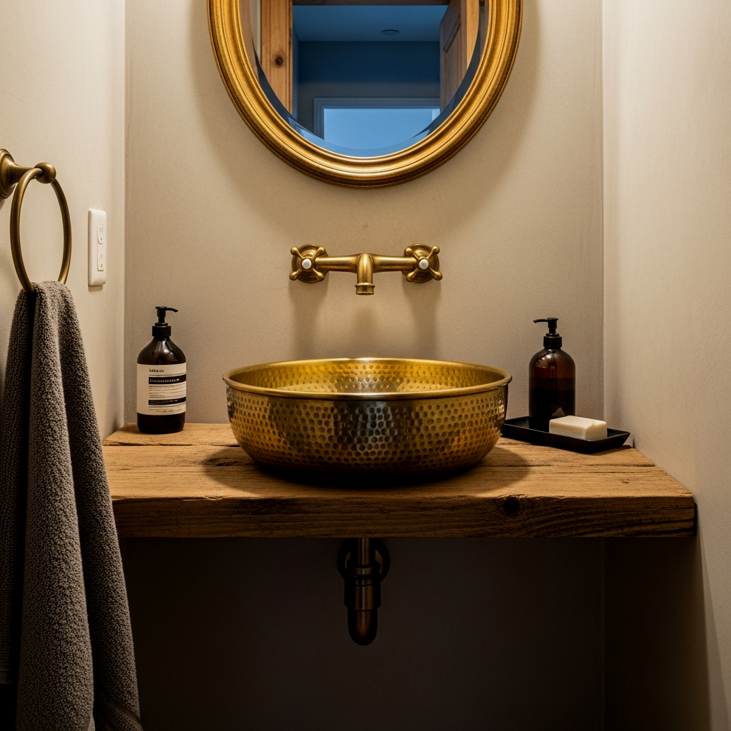 Vintage Brass Basin on Reclaimed Wood