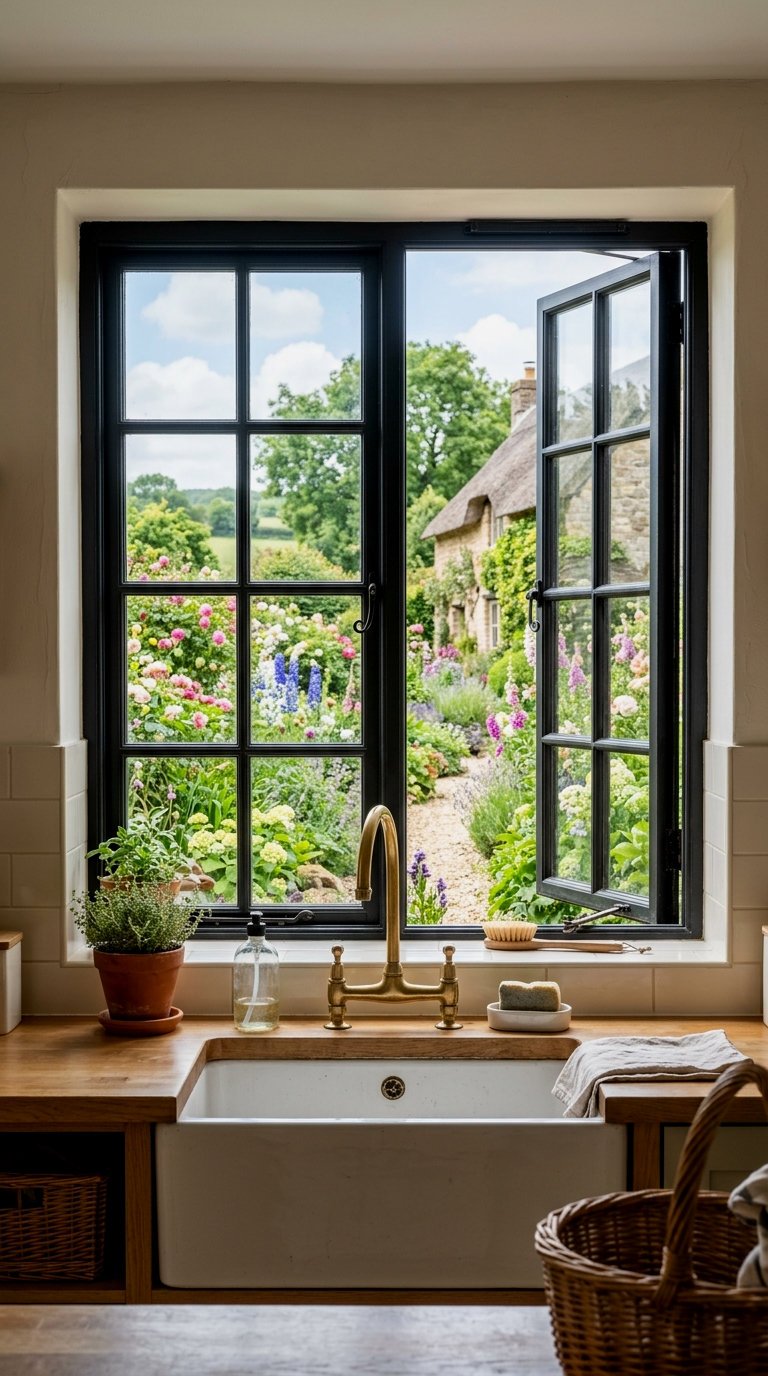 Black-Framed Casement Windows Over the Sink