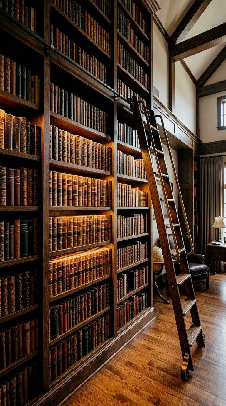 Floor-to-Ceiling Dark Oak Built-in Bookshelves