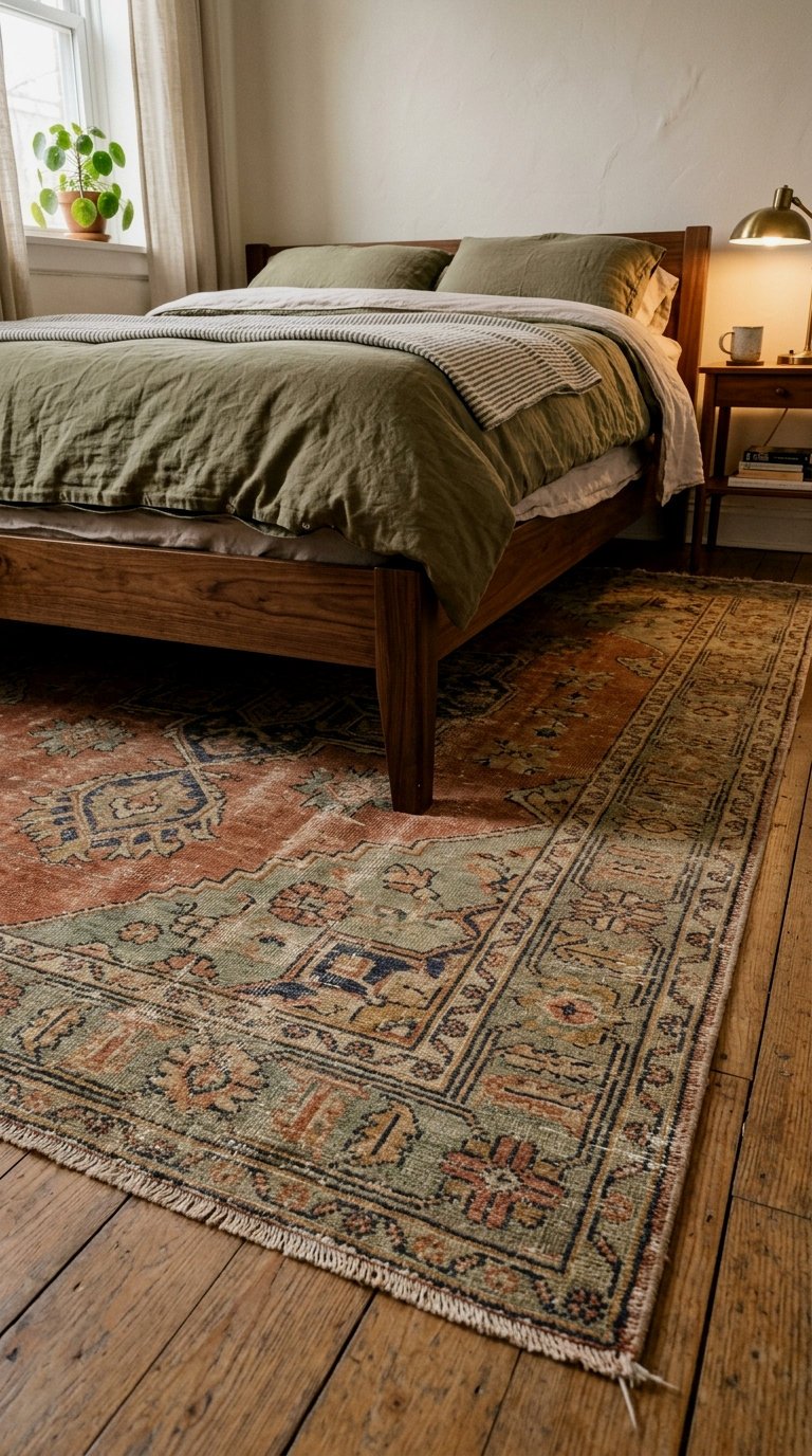 Layer low-pile thrifted rugs and natural textiles