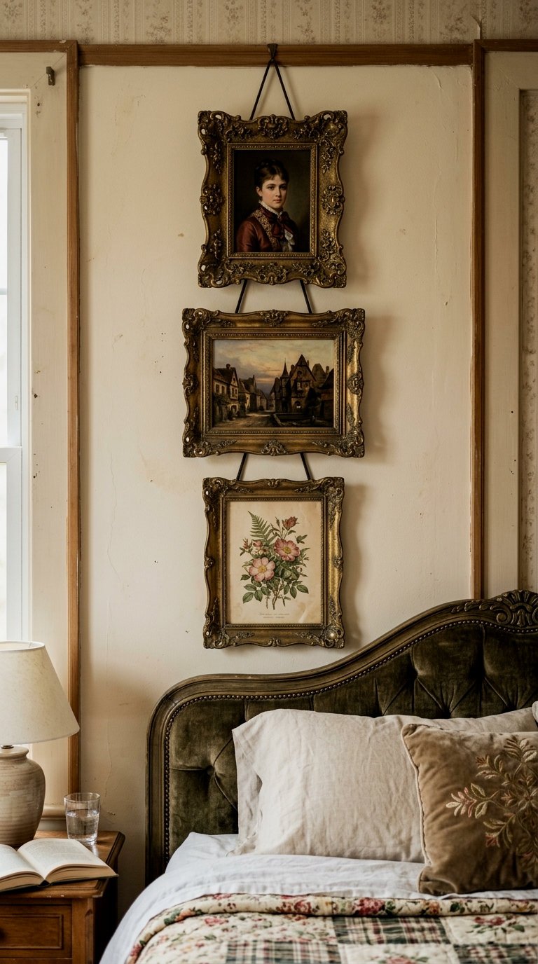 Curate a scaled art wall using mismatched brass frames