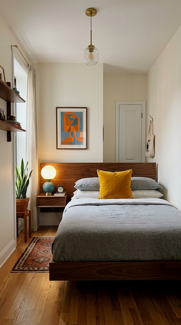 Mid-Century Micro Guest Bedroom with Floating Tables