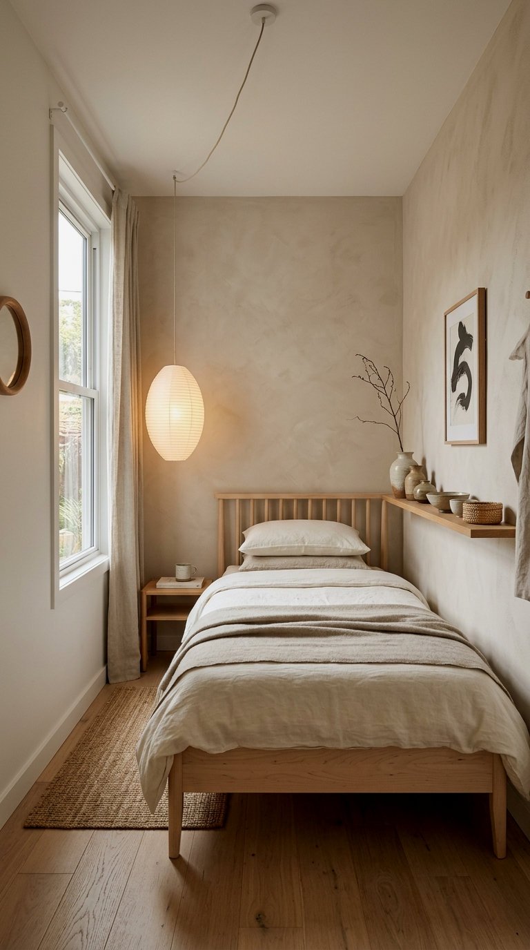 Japandi-Style Narrow Bedroom Layout